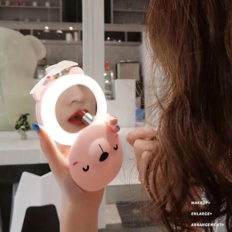 Cute Piggy Pocket Fan with LED Mirror – 3 in 1 Rechargeable Charm