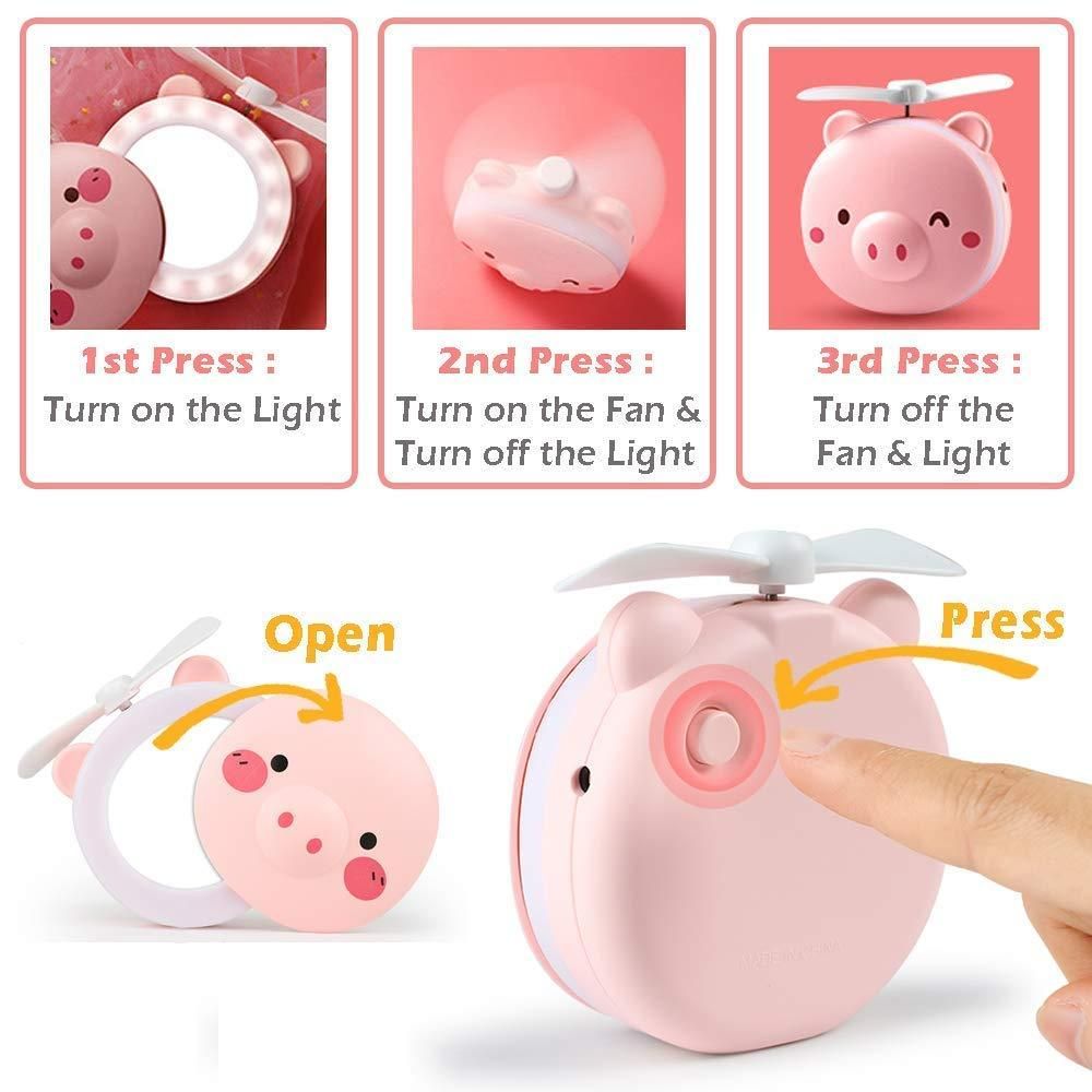Cute Piggy Pocket Fan with LED Mirror – 3 in 1 Rechargeable Charm
