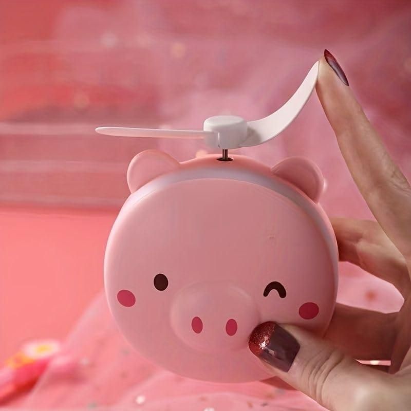 Cute Piggy Pocket Fan with LED Mirror – 3 in 1 Rechargeable Charm