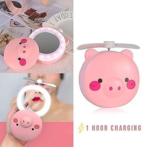 Cute Piggy Pocket Fan with LED Mirror – 3 in 1 Rechargeable Charm