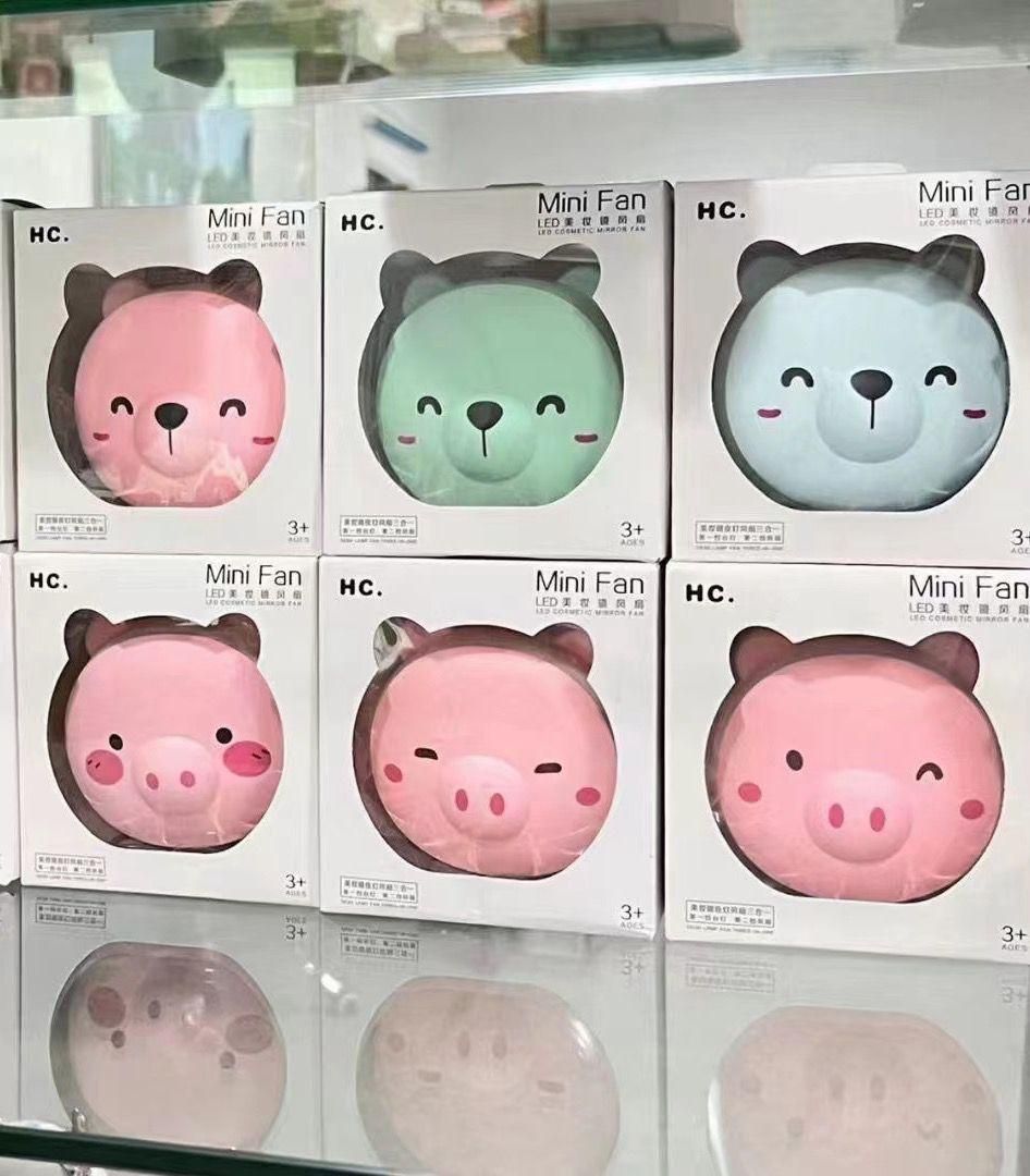 Cute Piggy Pocket Fan with LED Mirror – 3 in 1 Rechargeable Charm