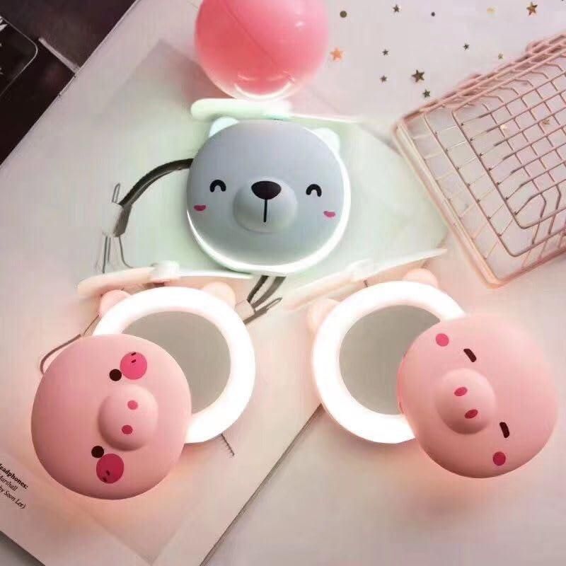 Cute Piggy Pocket Fan with LED Mirror – 3 in 1 Rechargeable Charm