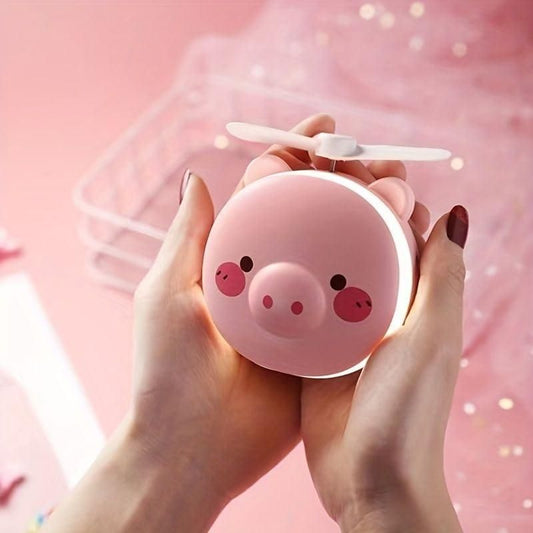 Cute Piggy Pocket Fan with LED Mirror – 3 in 1 Rechargeable Charm